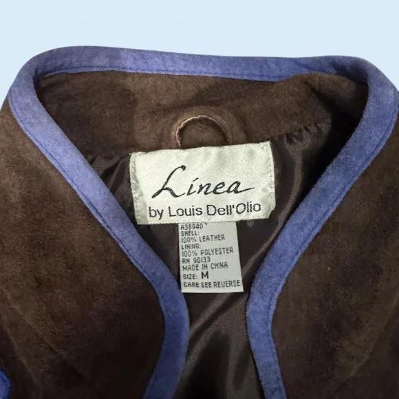 LINEA BY LOUIS DELL'OLIO JACKET SUEDE LEATHER EMBROIDERED OPEN BROWN/BLUE MED - Picture 2 of 4